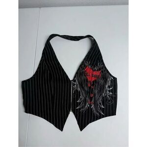 ROMWE Punk Top Halter Striped Front Zip Size L(8-10) Black